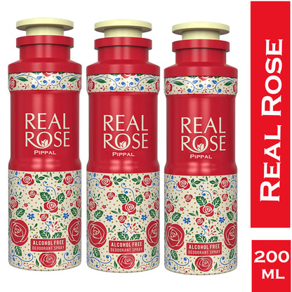 Alcohol-free Real Rose deodorant spray by 6255, 200ml bottle, set of three, featuring a floral rose fragrance.