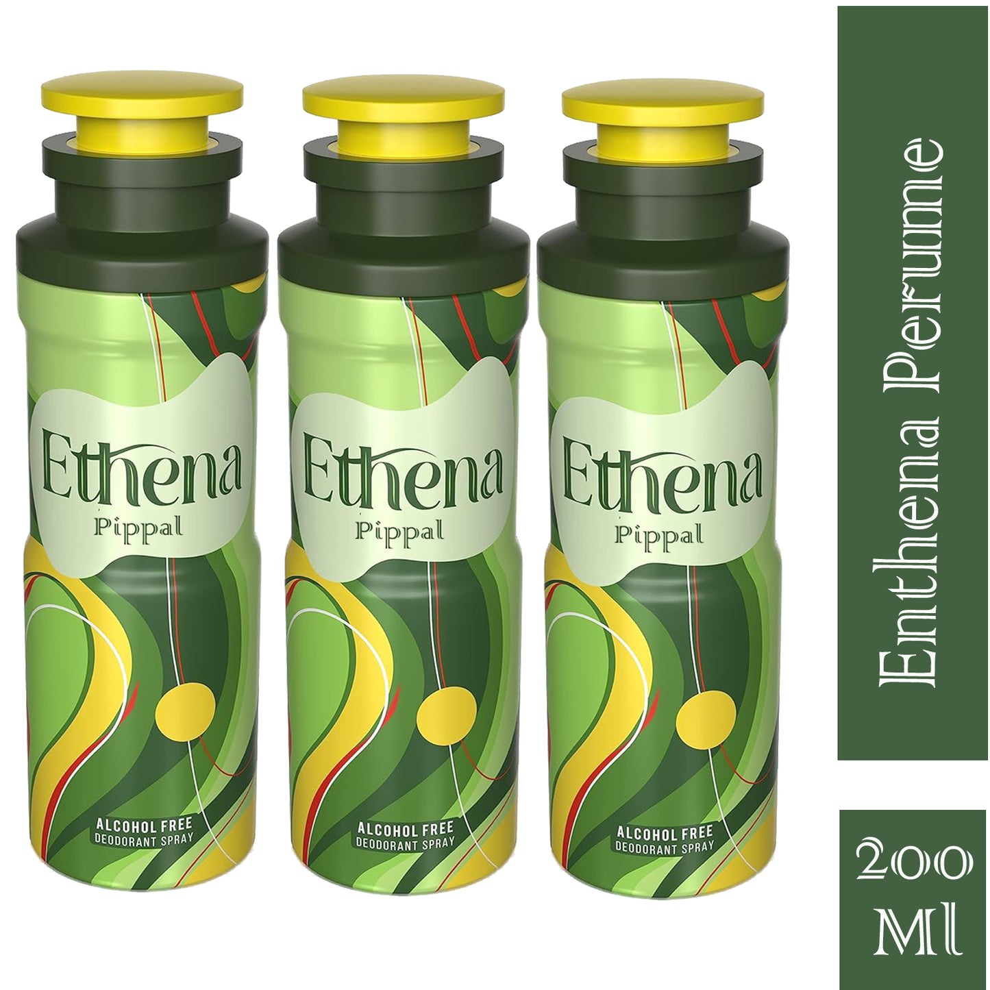 Ethena alcohol-free deodorant spray in 200ml bottles, shown in a pack of three, featuring a refreshing and natural scent.