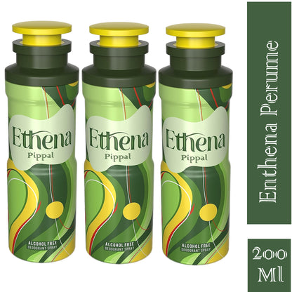 Ethena alcohol-free deodorant spray in 200ml bottles, shown in a pack of three, featuring a refreshing and natural scent.