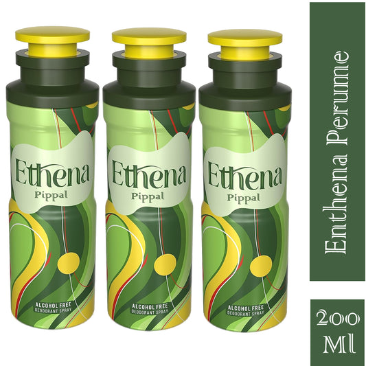 Ethena alcohol-free deodorant spray in 200ml bottles, shown in a pack of three, featuring a refreshing and natural scent.