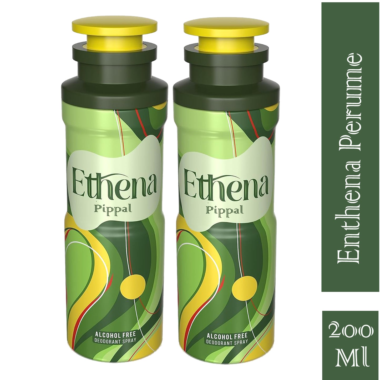 Ethena alcohol-free deodorant spray in a 200ml bottle, shown in a pack of two, with sleek packaging and spray nozzle.
