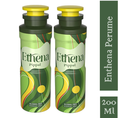 Ethena alcohol-free deodorant spray in a 200ml bottle, shown in a pack of two, with sleek packaging and spray nozzle.