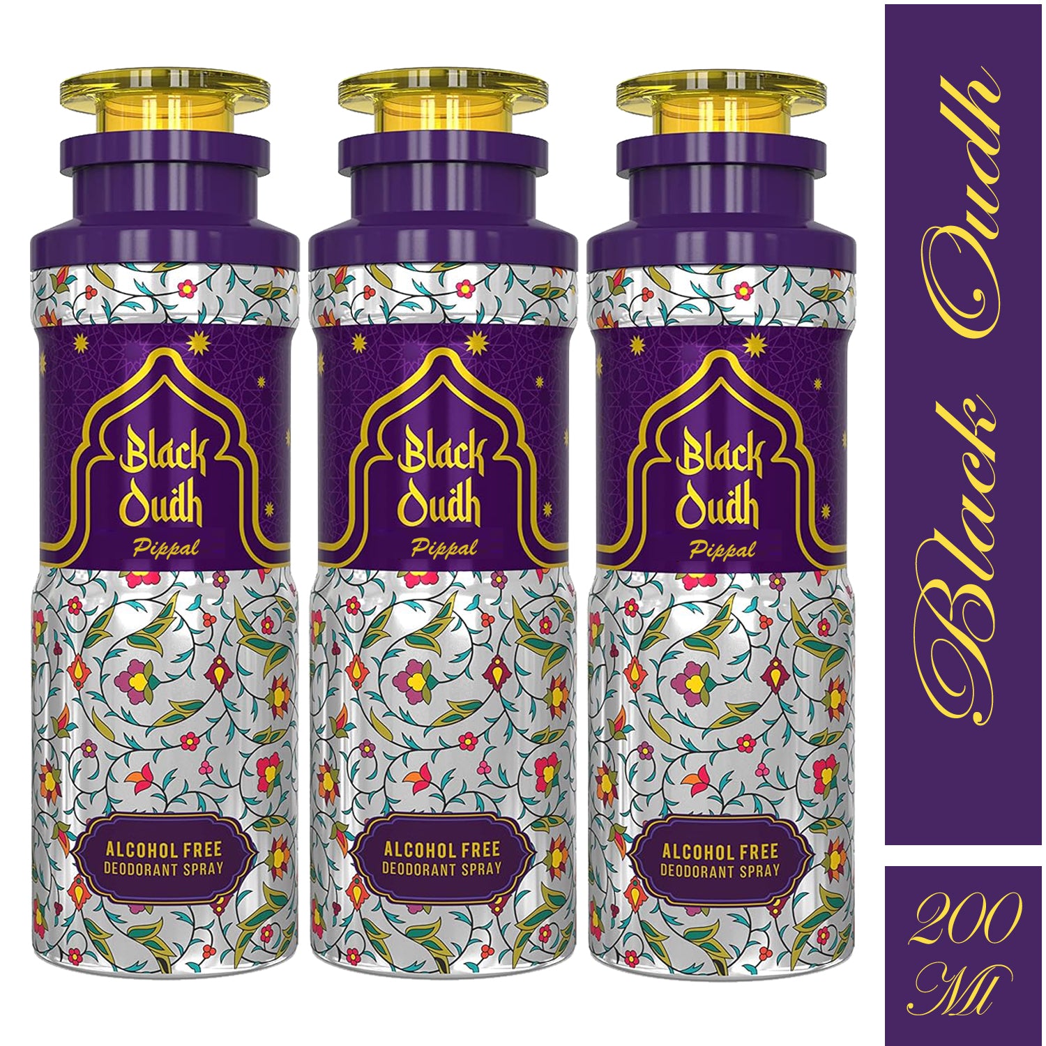 Black Oudh alcohol-free deodorant spray by 6255, 200ml pack of three, featuring a sleek black bottle with a spray nozzle.