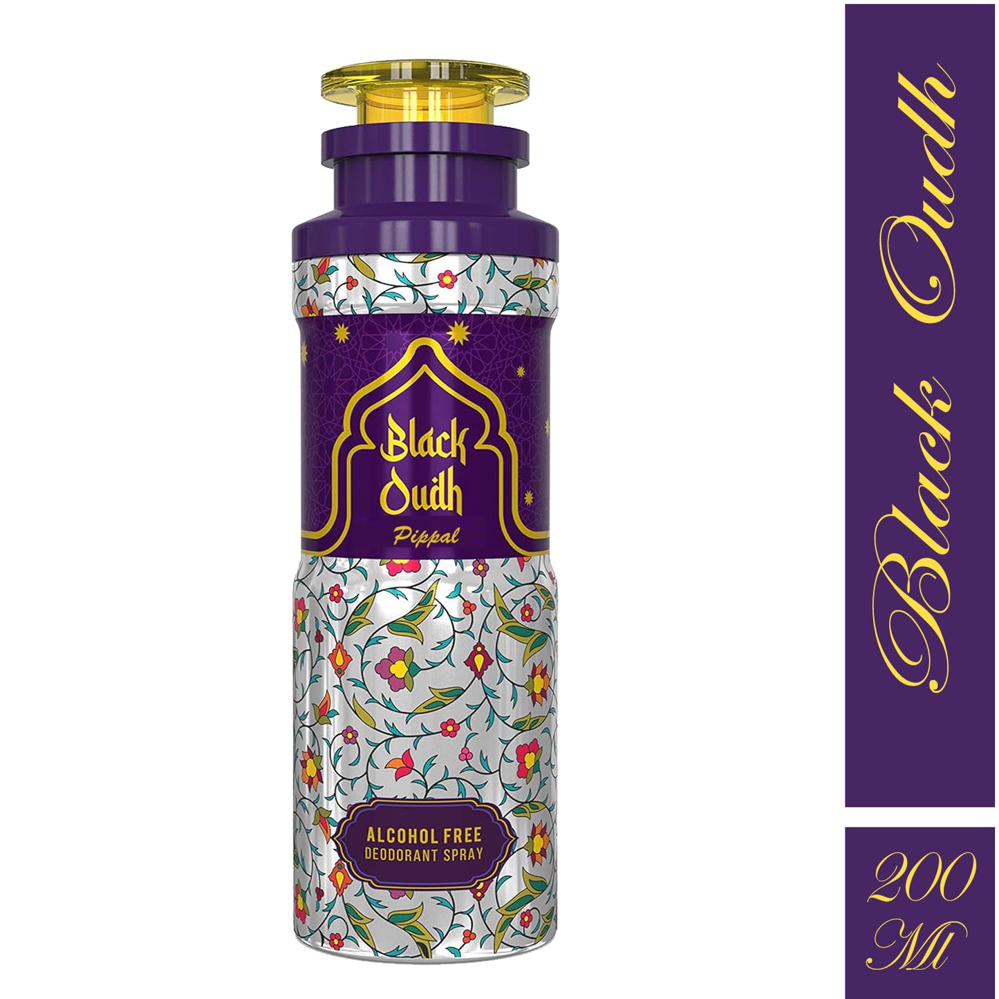Black Oudh alcohol-free deodorant spray by 6255, 200ml, featuring a sleek black bottle and subtle oud fragrance.