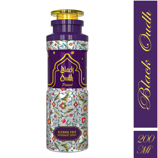 Black Oudh alcohol-free deodorant spray by 6255, 200ml, featuring a sleek black bottle and subtle oud fragrance.
