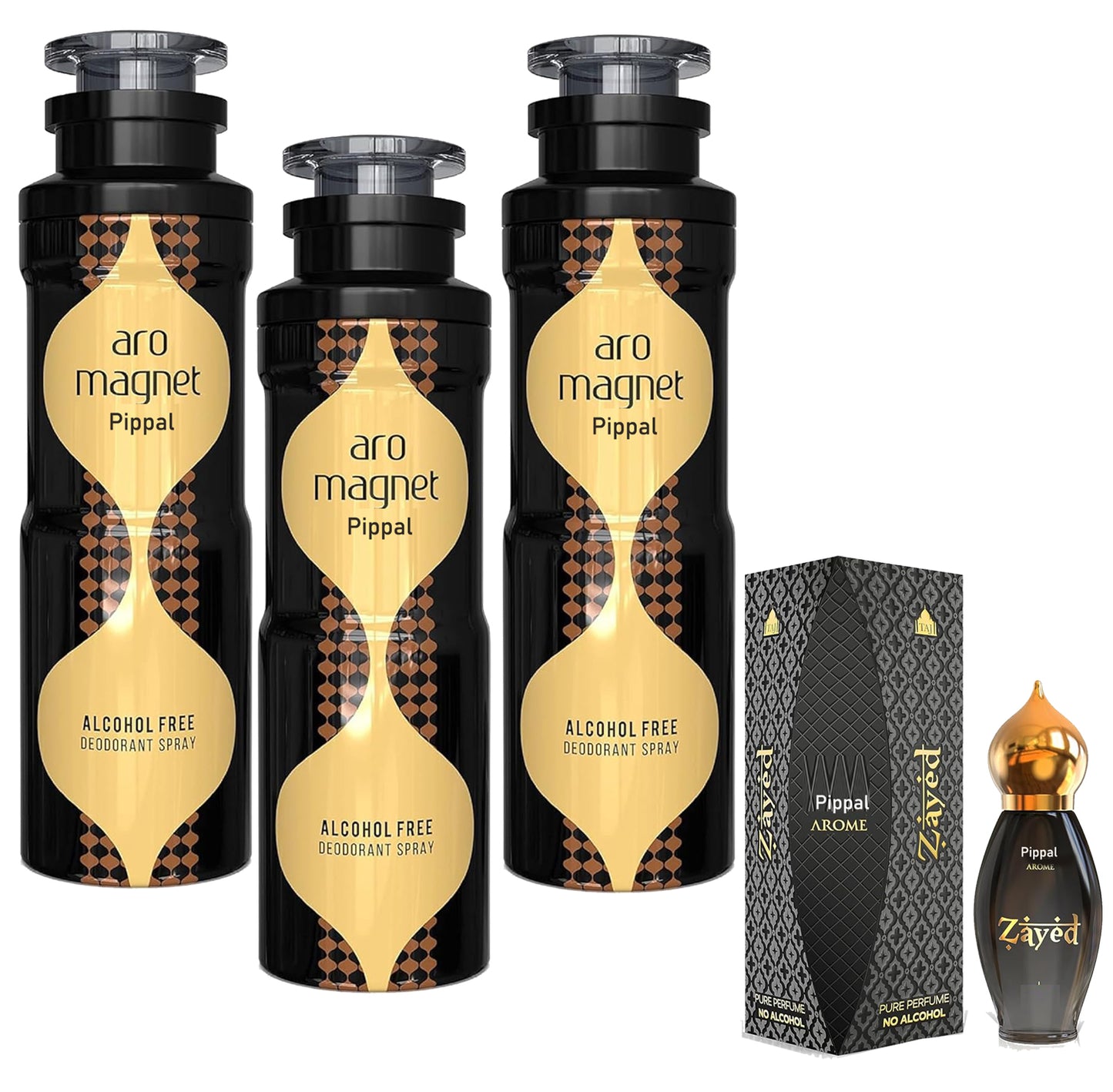 Set of three 200ml Zayed Aro Magnet alcohol-free deodorant sprays with 9ml pure perfumes, featuring sleek packaging and branding.