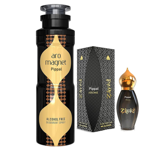 Aro Magnet alcohol-free deodorant spray and Zayed pure perfume in 200ml and 9ml bottles, with sleek packaging.