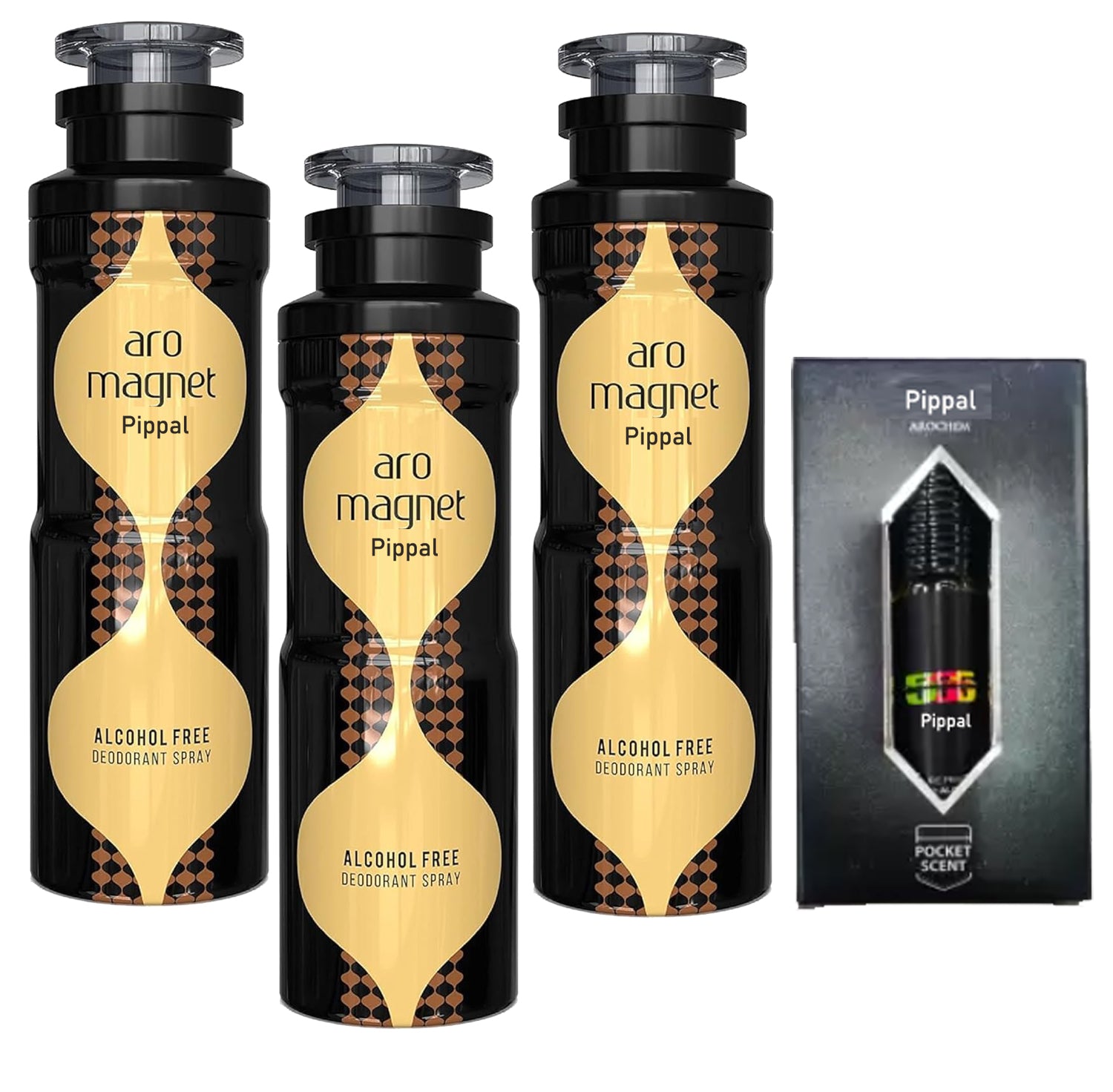 Set of three perfume bottles including Aro Magnet alcohol-free deodorant spray and 555 concentrated attar by 6255.