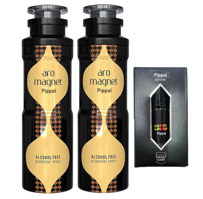 A pack of 6255 Aro Magnet alcohol-free deodorant spray and 555 concentrated attar perfumes in 200ml bottles.