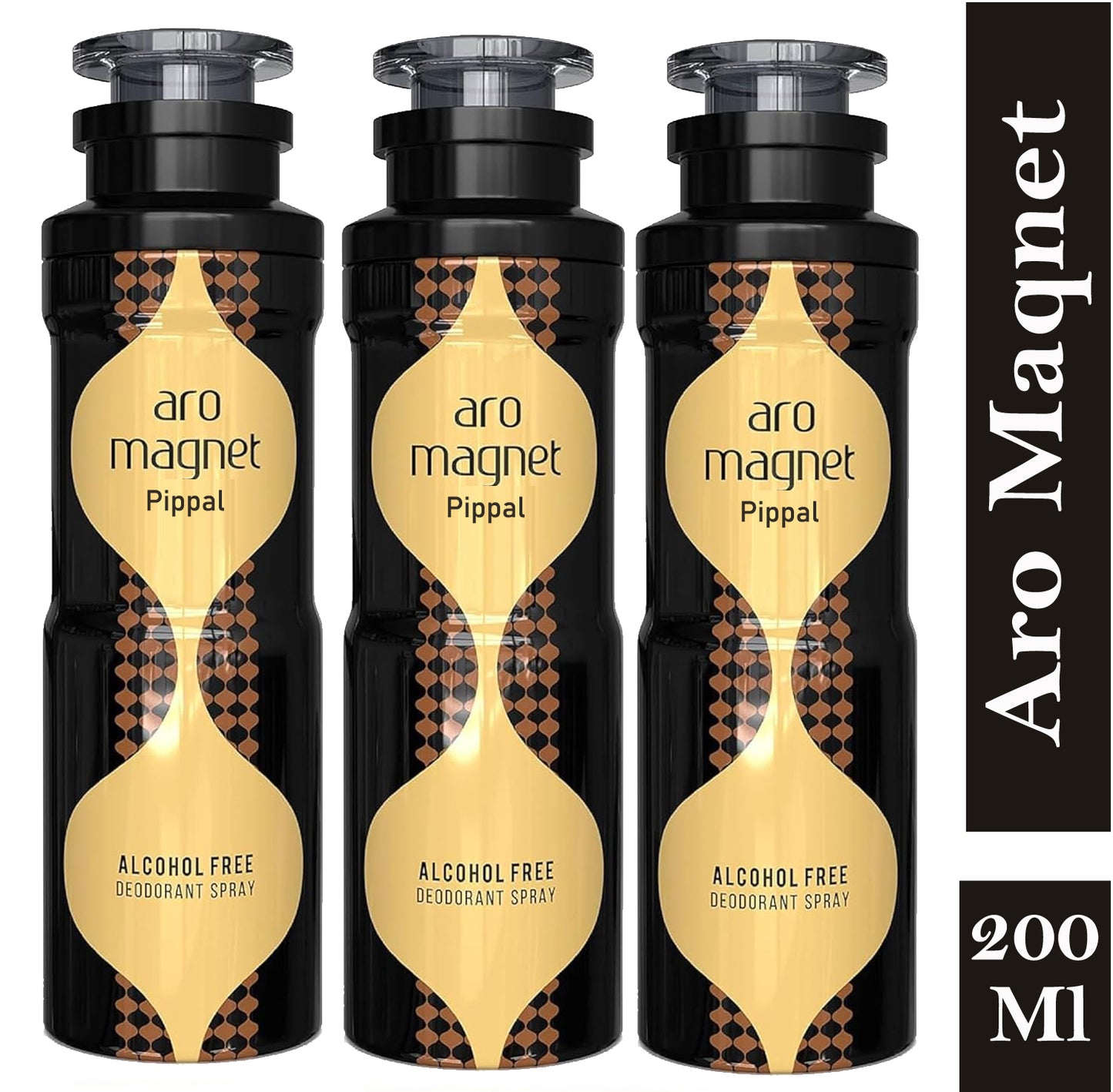 Aro Magnet alcohol-free deodorant spray in a 200ml bottle, shown in a pack of three, featuring a sleek design and brand label.