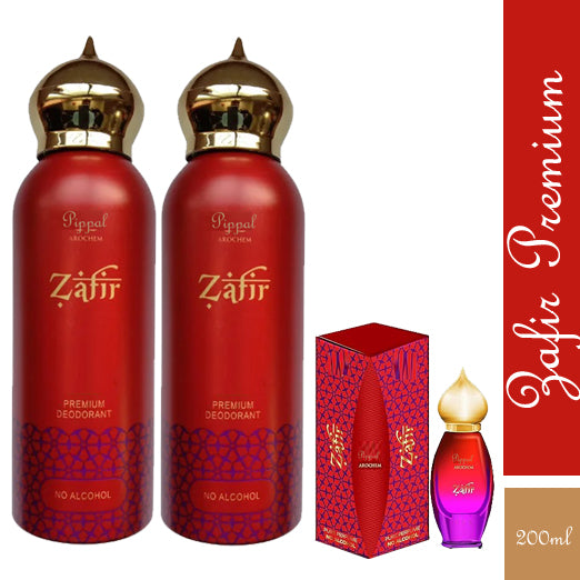 Two Zafir PREMIUM DEODORANT bottles, alcohol-free perfume in 200ml size, with sleek packaging and spray nozzles.