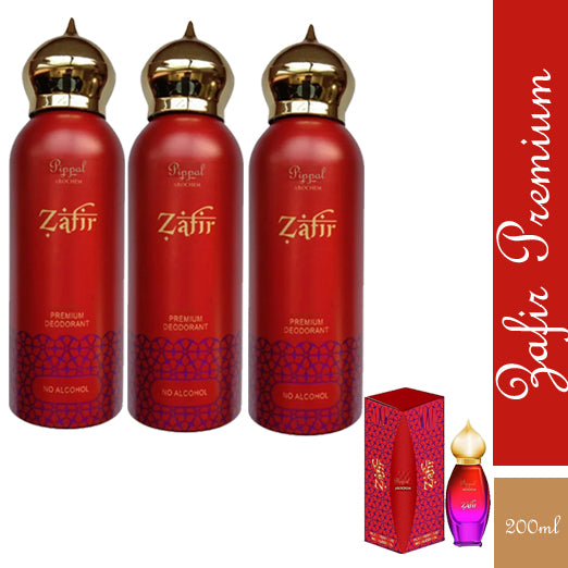 Set of three Zafir PREMIUM alcohol-free deodorant sprays in 200ml bottles, featuring sleek packaging and spray nozzles.