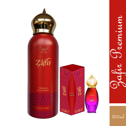 Zafir PREMIUM deodorant spray in 200ml bottle, alcohol-free, with a sleek design and branding, suitable for daily use.