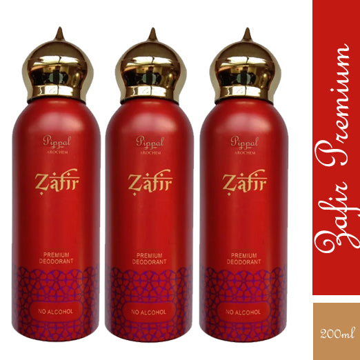 Set of three Zafir PREMIUM deodorant bottles with no alcohol, 200 ml each, featuring sleek packaging and spray tops.