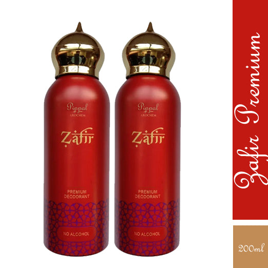 Two 200ml bottles of Zafir PREMIUM DEODORANT by 6255, alcohol-free perfume spray with sleek packaging.