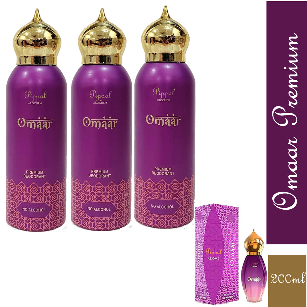 Omaar PREMIUM DEODORANT No Alcohol 200ml bottles in a pack of three, featuring sleek packaging and spray nozzles.