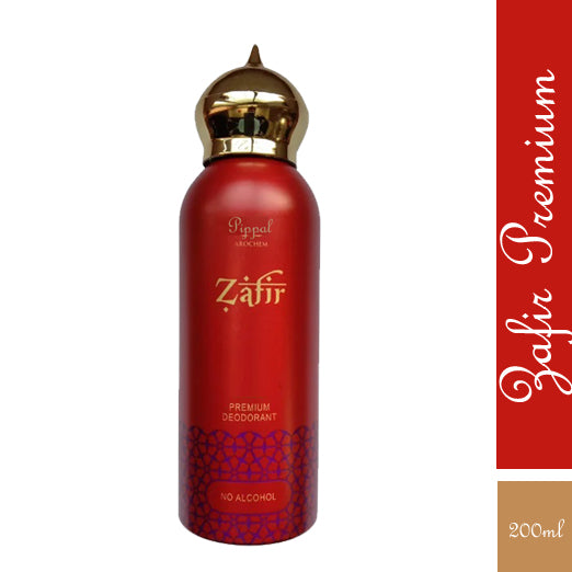 Zafir PREMIUM DEODORANT perfume bottle, alcohol-free, 200ml, with a sleek design and brand 6255 label.