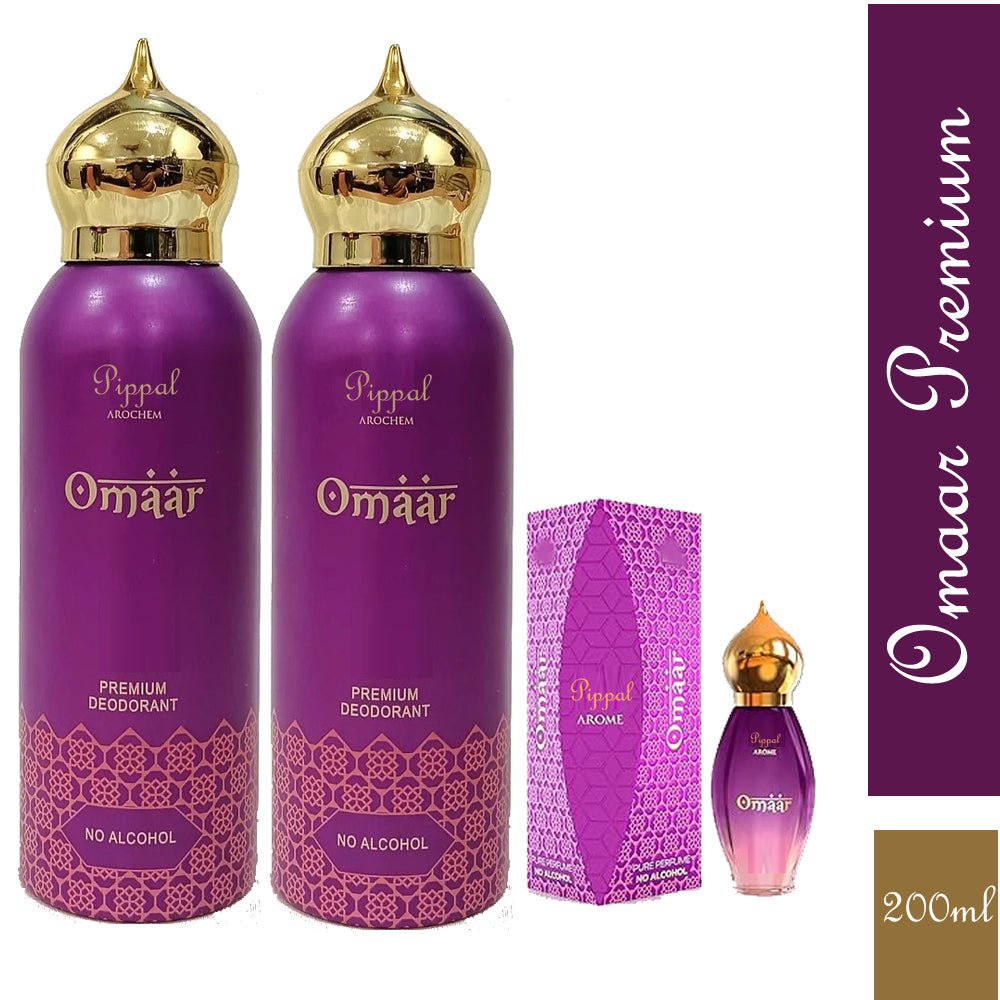 Omaar PREMIUM DEODORANT No Alcohol 200ml bottles, packaged in a set of two, with sleek design and spray nozzle.