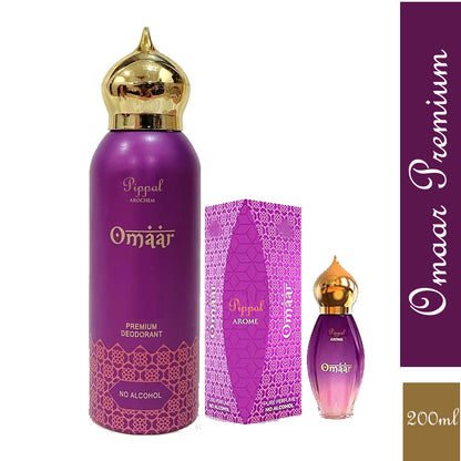 Omaar PREMIUM DEODORANT alcohol-free spray bottle, 200ml, with sleek packaging and pump dispenser.