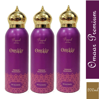 Omaar PREMIUM DEODORANT No Alcohol 200ml bottles, packaged as a set of three, with sleek labels and spray nozzles.