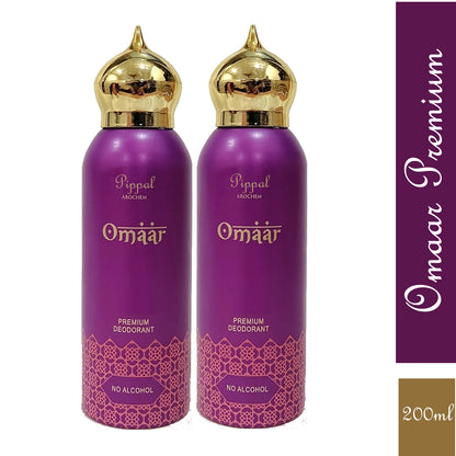 Omaar PREMIUM DEODORANT No Alcohol 200ml bottles, packaged in a set of two, featuring sleek design and brand logo.
