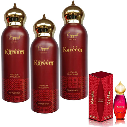 Set of three Kareem PREMIUM alcohol-free deodorant sprays in 200 ml bottles, featuring sleek packaging and fresh scent.