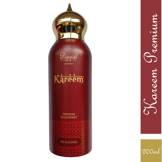 Kareem PREMIUM deodorant perfume bottle, alcohol-free, 200ml, with sleek packaging and spray nozzle.
