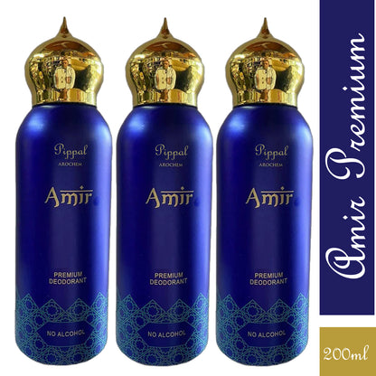 Set of three 200ml bottles of 6255 AMIR PREMIUM Deodorant with no alcohol, featuring sleek packaging and spray nozzles.