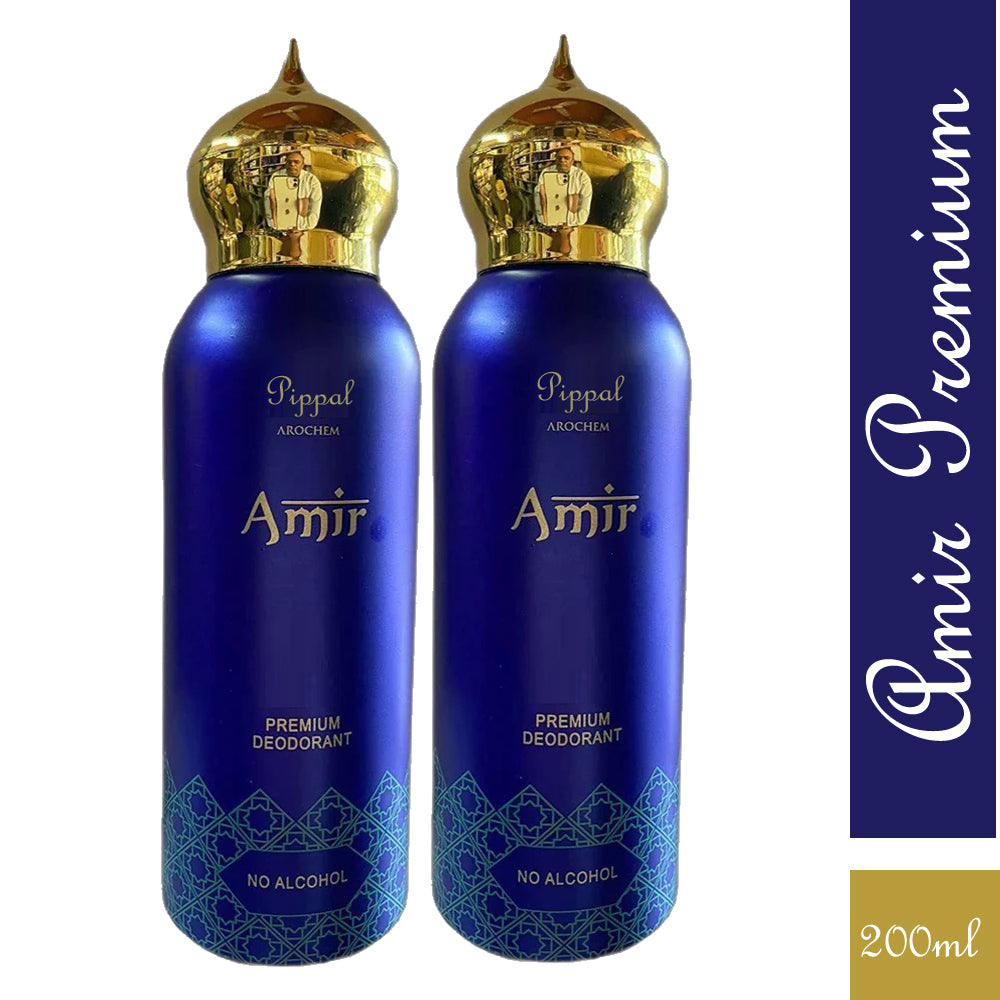 Two bottles of 6255 AMIR Premium Deodorant with no alcohol, 200ml each, displayed side by side.