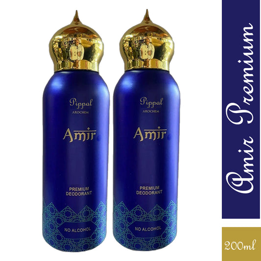 Two bottles of 6255 AMIR Premium Deodorant with no alcohol, 200ml each, displayed side by side.