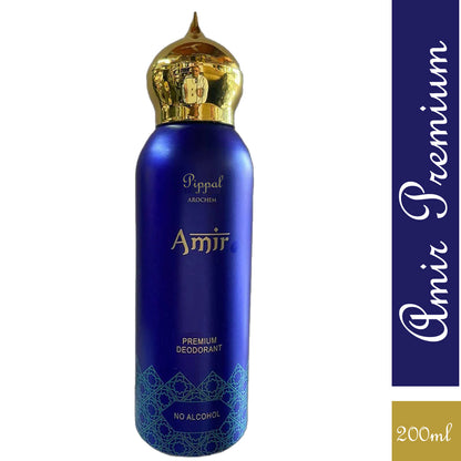 AMIR PREMIUM deodorant spray in 200ml bottle, alcohol-free perfume from brand 6255, shown in a sleek container.