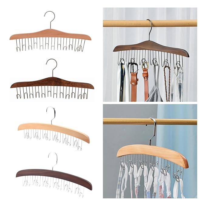 Anti-slip multipurpose hanger by 19357 holding belts, scarves, shawls, and purses on a round hook for organized closet storage.