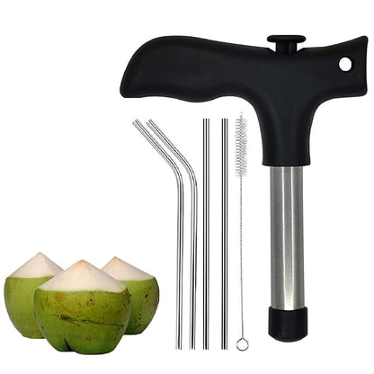 Stainless steel coconut opener drill cutter with cleaner stick, manual coconut opener tool for easy shell removal and straw insertion.