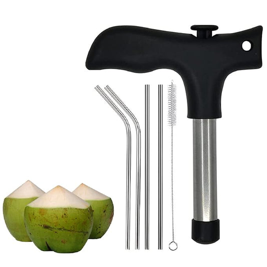 Stainless steel coconut opener drill cutter with cleaner stick, manual coconut opener tool for easy shell removal and straw insertion.
