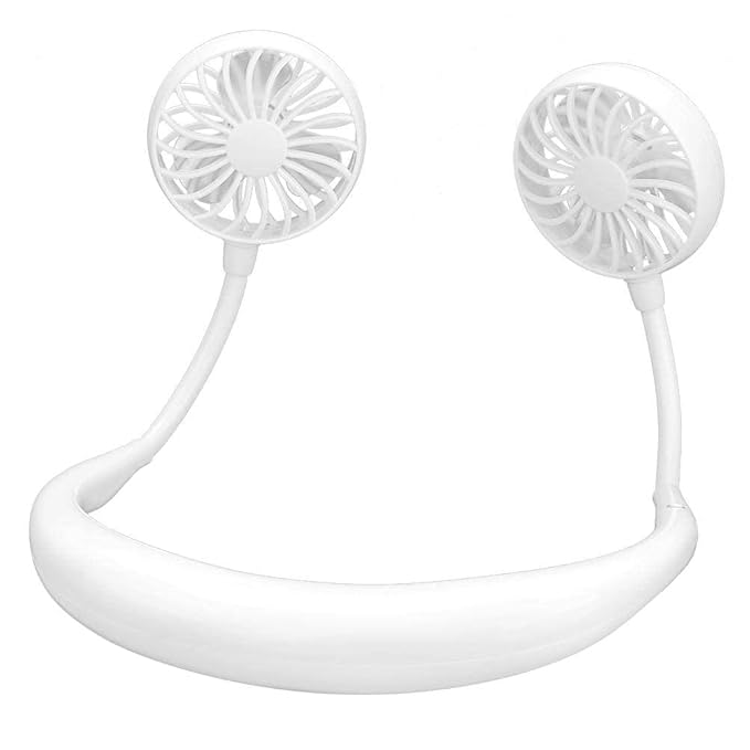 White portable neckband fan with built-in light, USB rechargeable, headphone-style design, ideal for women and outdoor use.