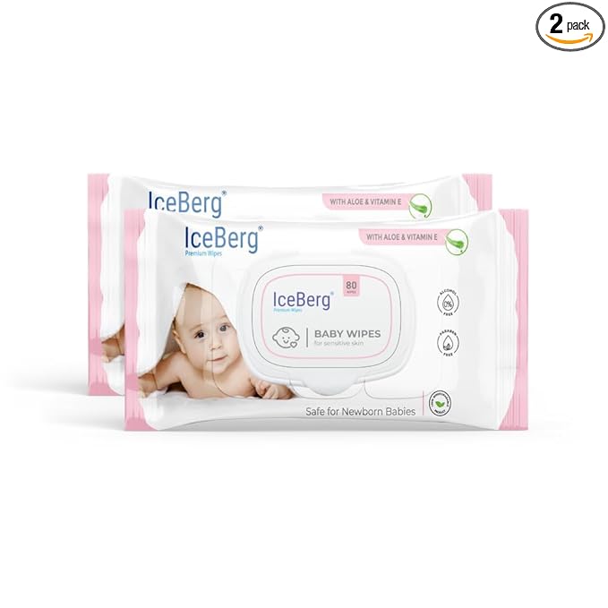 Iceberg Natural Care Sensitive Baby Wipes in a pack of 80, unscented, hypoallergenic with 99% purified water, shown in the image.