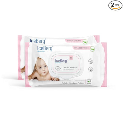 Iceberg Natural Care Sensitive Baby Wipes in a pack of 80, unscented, hypoallergenic with 99% purified water, shown in the image.