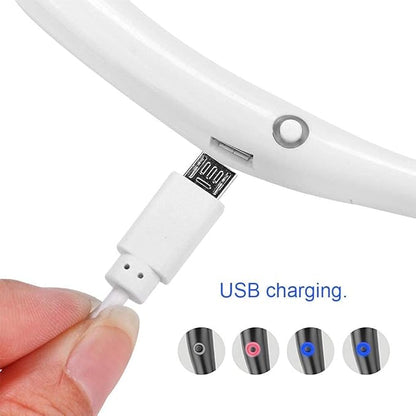 White portable neckband fan with built-in light, USB rechargeable, headphone-style design, ideal for hands-free cooling.