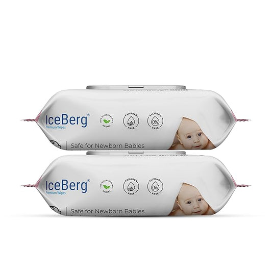 Close-up of ICEBERG Natural Care Sensitive Baby Wipes in a pack, showing the unscented, hypoallergenic wipes made with 99% purified water.