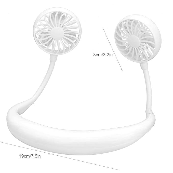 White portable neckband fan with light, USB rechargeable, headphone-style design, perfect for hands-free cooling for women.