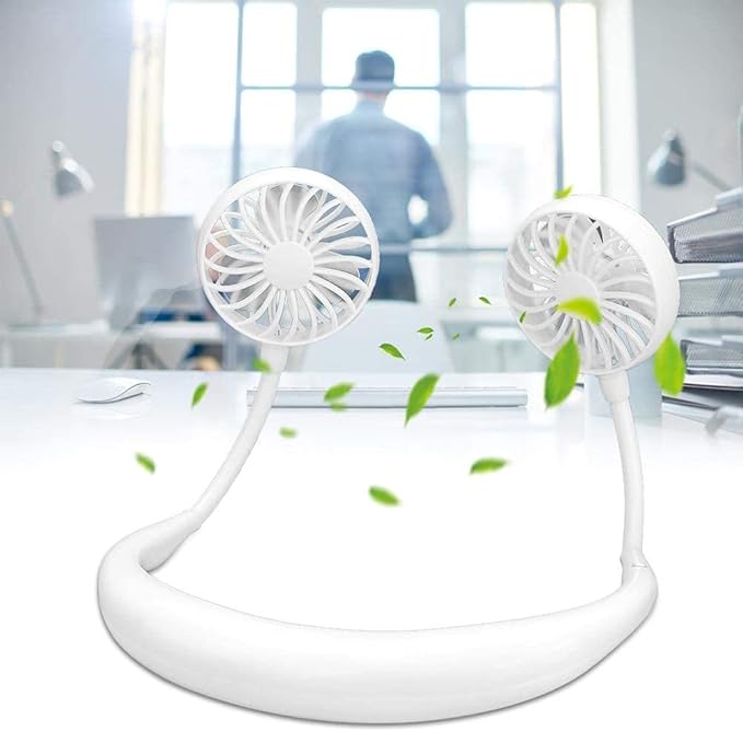 White portable neckband fan with built-in light, USB rechargeable, hanging design, ideal for women, featuring headphone-style band.