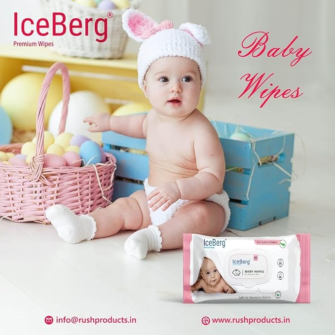 Iceberg Natural Care Sensitive Baby Wipes in pack with 80 unscented, hypoallergenic wipes made with 99% purified water.
