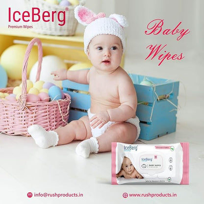 Iceberg Natural Care Sensitive Baby Wipes in pack with 80 unscented, hypoallergenic wipes made with 99% purified water.