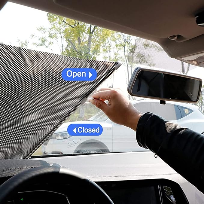 Universal fit magnetic car side window sunshade curtain, black fabric with magnetic edges for privacy and sun protection.