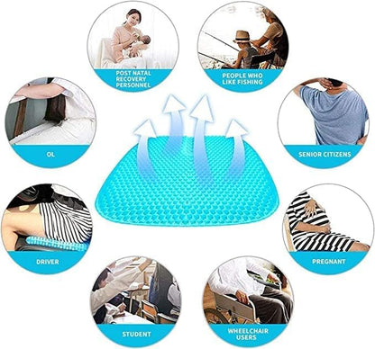 Ergonomic egg gel seat cushion with breathable cover and non-slip base, designed for pressure relief and tailbone pain support.