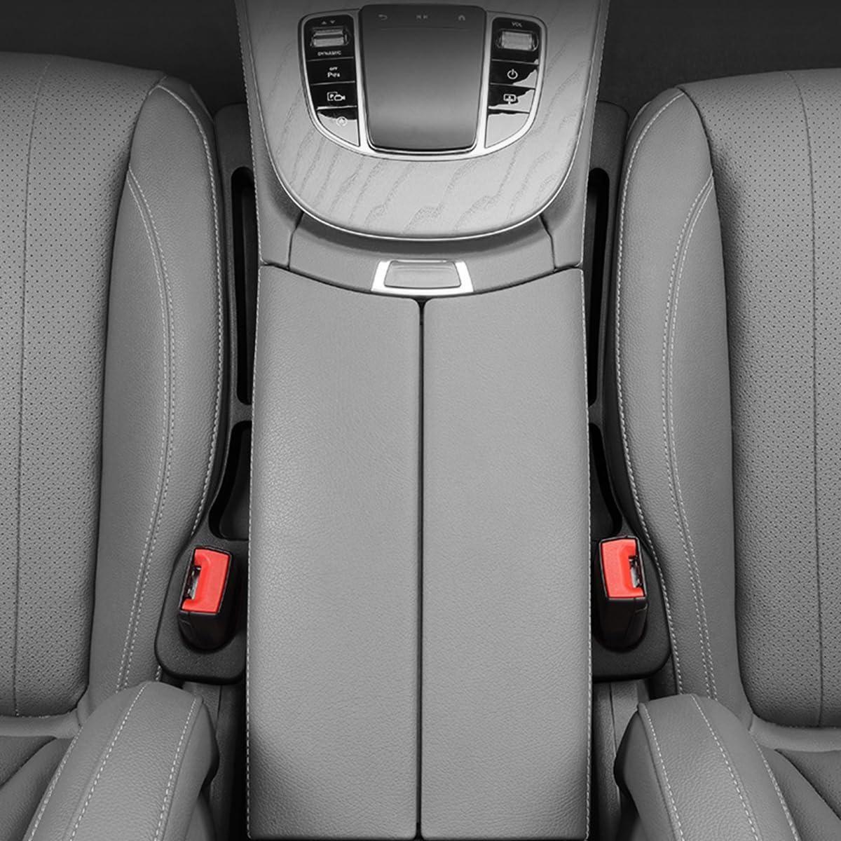 EVA car seat gap filler organizer fitting between car seats and center console, designed to prevent items from falling between seats.