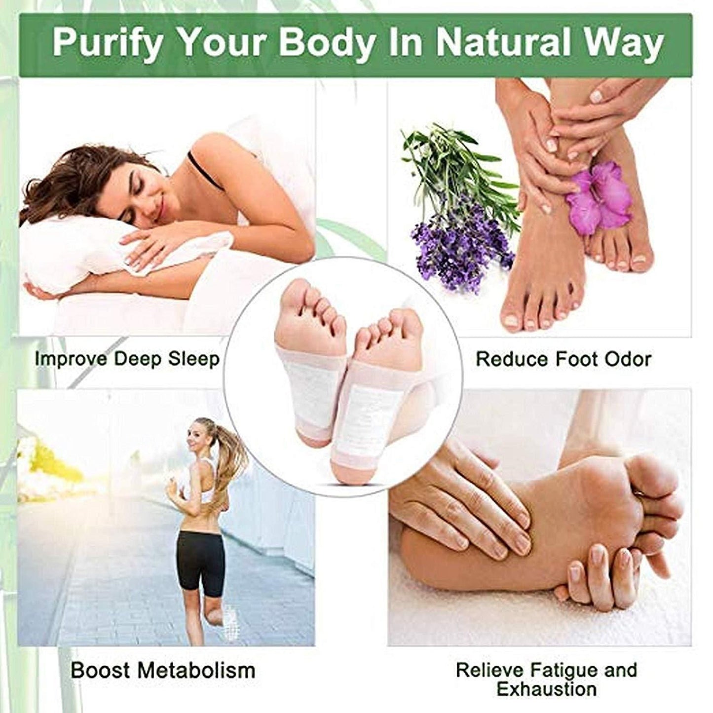 Photo frame of Kinoki Detox Foot Patches pack, showing 10 foot pads designed for detox and relaxation.