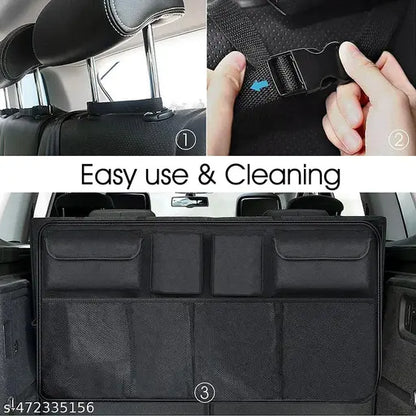 Car trunk organizer with 8 large waterproof storage bags and mobile holder, designed for backseat and trunk organization.
