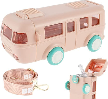 Kids toy bus water bottle by 18057 featuring a bus shape, movable wheels, leak-proof sipper, perfect for school and picnics.