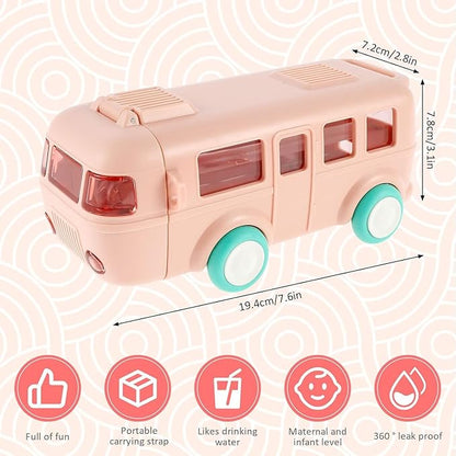 Kids toy bus water bottle with movable wheels, leak-proof sipper for school, picnic, and outdoor use, by 18057.